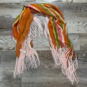 Collection XIIX Orange Pink Green Silk Fringe Scarf – 100% Silk Striped Boho